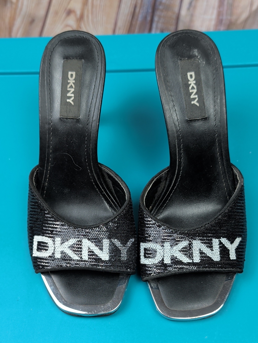 DKNY Black Sequin Logo Heels Open Toe 5.5